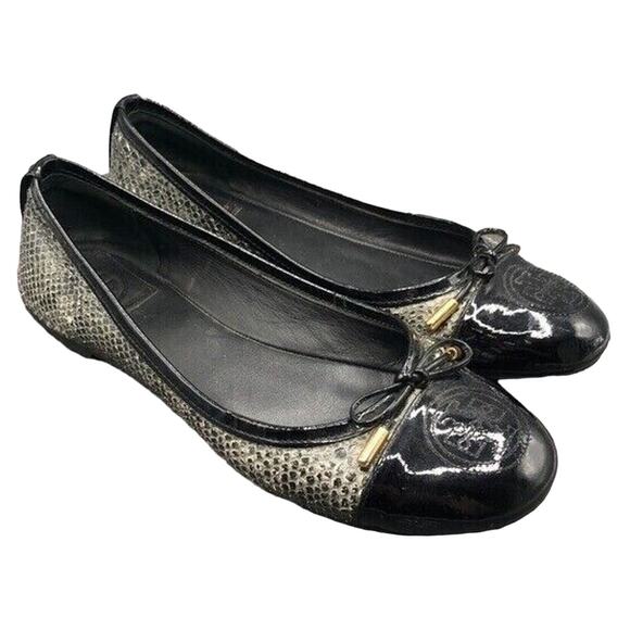 Tory Burch Shoes Womens Size 8 Grey Black Python Embossed Patent Leather Flats - Picture 1 of 9